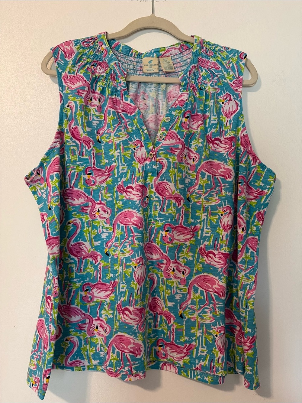 Caribbean Joe Teal Blue Tank Camisole with Pink Flamingo Print